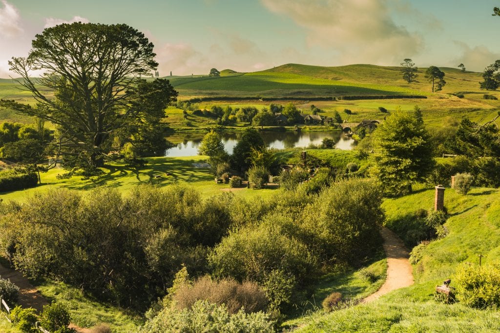 Panorama of Hobbiton in the North Island of New Zealand